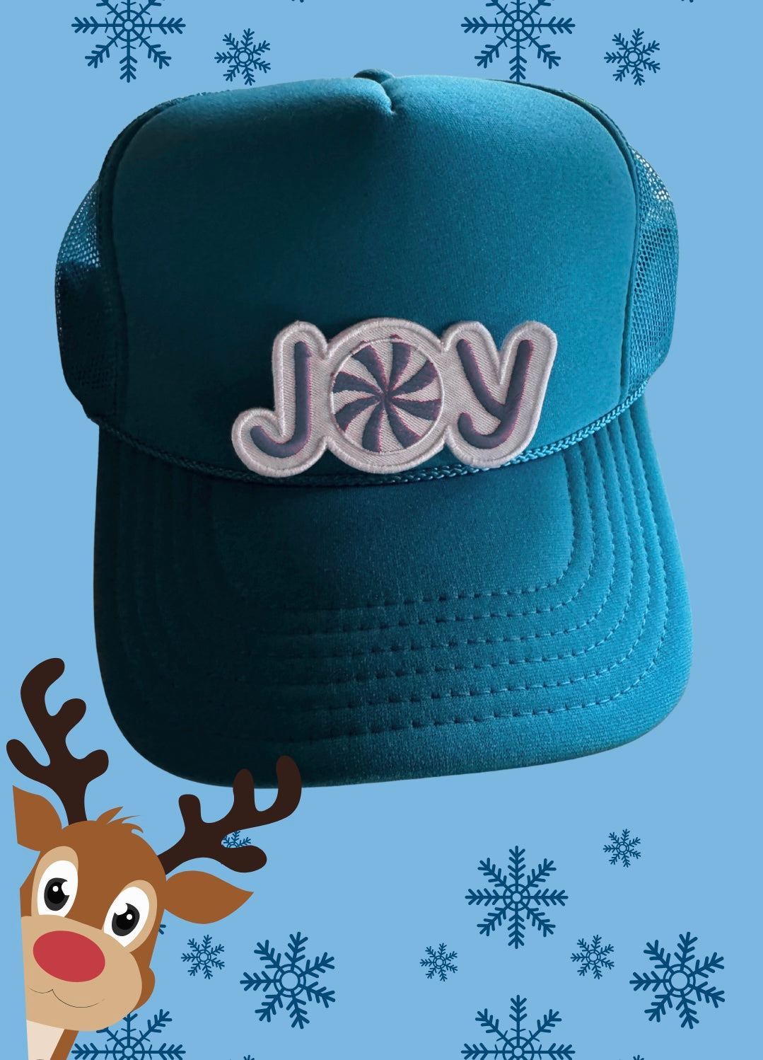 Turquoise hat with red joy patch